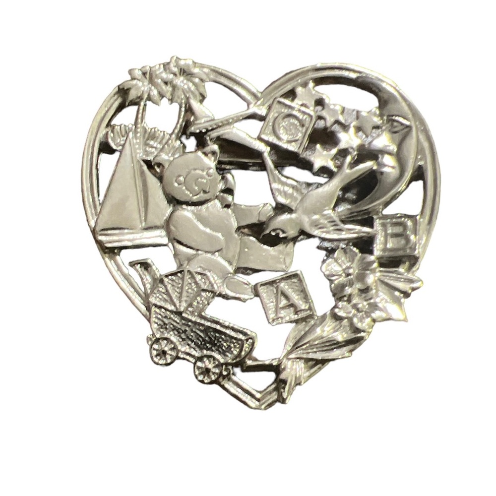 1980’s Silvertone‎ Teddybear Heart Brooch, Vintage Heart Pin